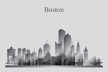 Boston city skyline silhouette in grayscale
