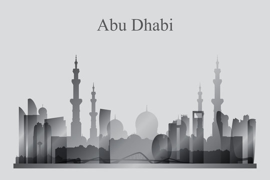 Abu Dhabi city skyline silhouette in grayscale