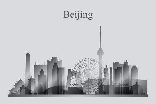 Beijing city skyline silhouette in grayscale