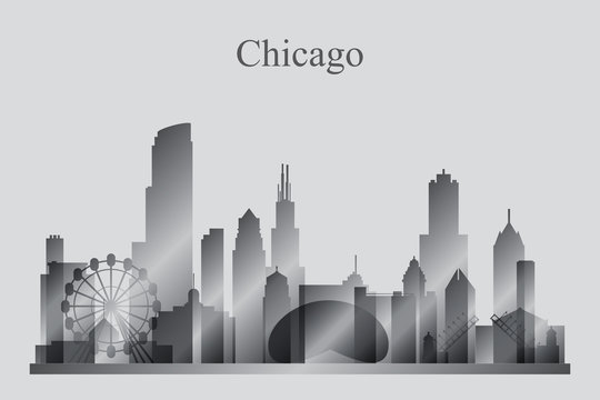 Chicago city skyline silhouette in grayscale