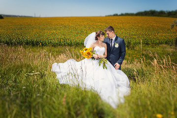 Wedding couple and sunflowers