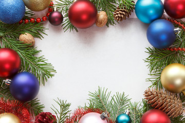 Fototapeta na wymiar Spruce branches with Christmas decorations.