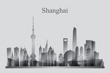 Shanghai city skyline silhouette in grayscale