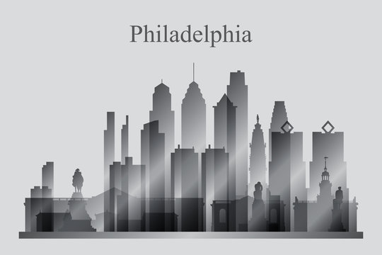 Philadelphia city skyline silhouette in grayscale