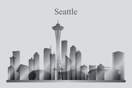 Seattle city skyline silhouette in grayscale
