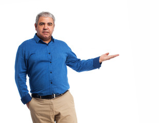 full body mature man holding gesture over white