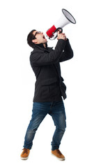 full body young man shouting with megaphone