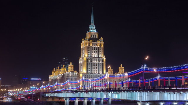 Hotel Ukraine winter night timelapse hyperlapse with bridge over Moscow River