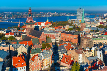 Naklejka na ściany i meble Aerial view of Old Town and Daugava, Riga, Latvia