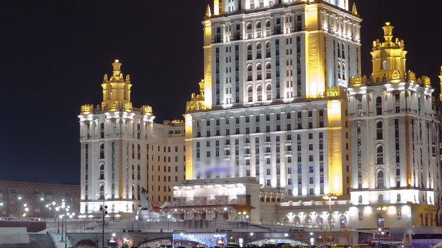 Hotel Ukraine winter night timelapse hyperlapse with ship on Moscow River