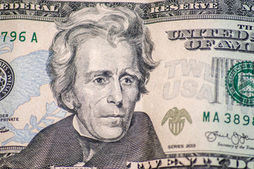Macro portrait of Jackson on the US twenty dollar bill