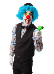 portrait of a clown with a gun toy