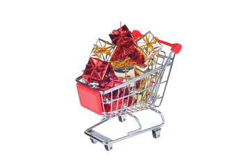 shopping cart with christmas gifts isolated on white background