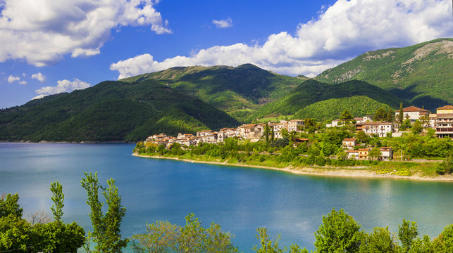 scenic landscapes -lake Turano and village Colle di Tora, Italy