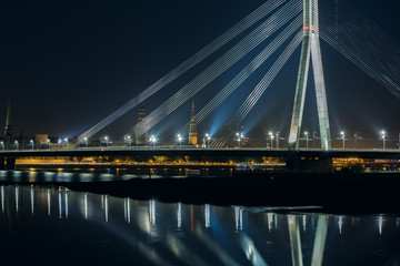 Cable-stayed bridge and River Daugava at night, Riga, Latvia