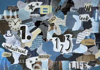 petrol blue, grey, black and white creative mood board sheet of teared pieces of magazines