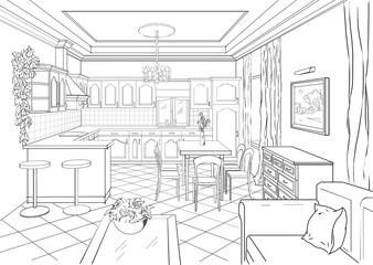 Sketch of kitchen interior in classic style.