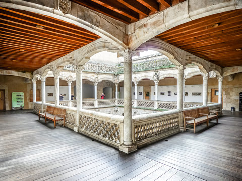 Famous Patio de la Casa de las Conchas, Salamanca, Spain