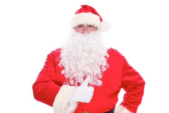 Kind Santa Claus thumb up, isolated on white background