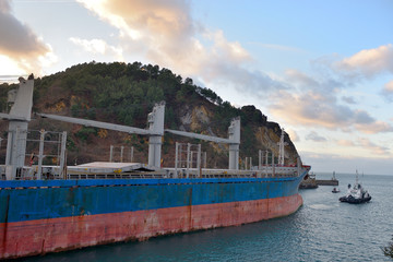 dry bulk ship and tugboat
