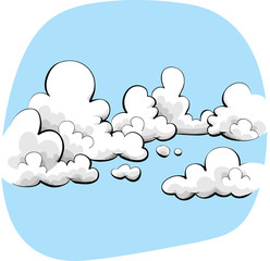 Cartoon clouds in a bright, blue sky.