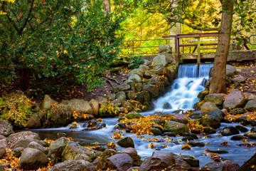 Waterfall in the forest on autumn scenery. Oliwa, Poland. - obrazy, fototapety, plakaty