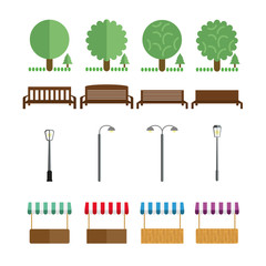 Elements of the park, benches, lights, market tent, shall in different colors