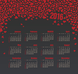 Calendar for 2016 with heart. Week Starts Sunday.