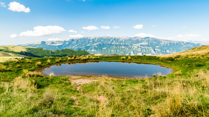Alpine small pond used for watering the cows.