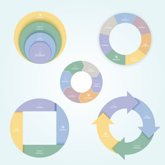 Set of 5 pie charts in a flat style with icons of laptop, mobile, desktop, tablet
