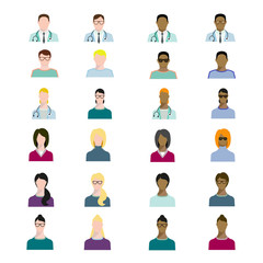 Set of people avatars profession, professional human occupation, basic characters set, employee variety in flat style. Doctors, teachers, engineers in different races.