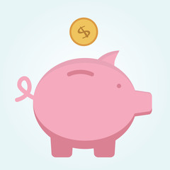 Pink piggy bank in which fly golden coin of  dollar. Flat style