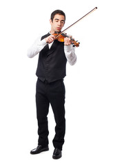 waiter holding a violin on white © asierromero