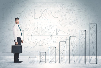 Business man climbing up on hand drawn graphs concept