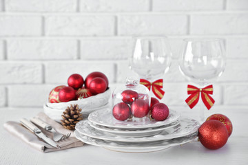 Decorated Christmas table setting. Christmas menu concept