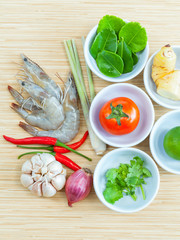 Ingredients of thai spicy soup Tom Yam Kung , big shrimp ,lime,