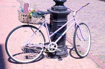 Old bicycle with flowers in metal basket on the street