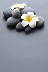 Spa stones with flowers on gray background