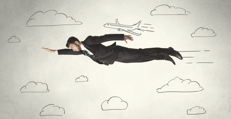 Cheerful business person flying between hand drawn sky clouds