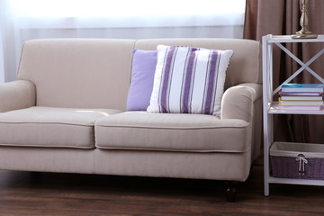 Pastel color room interior with comfortable sofa and pillows