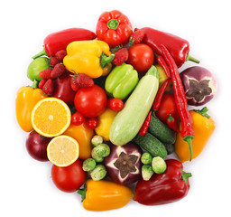 Fresh fruits and vegetables isolated on white