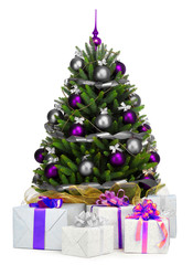 Decorated Christmas tree on white background
