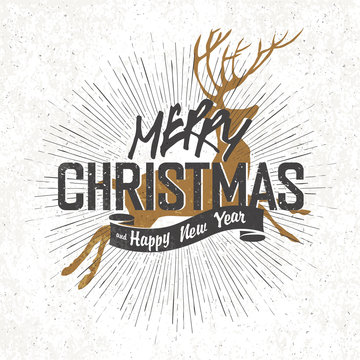 Merry Christmas Vintage Monochrome Lettering with Christmas deer