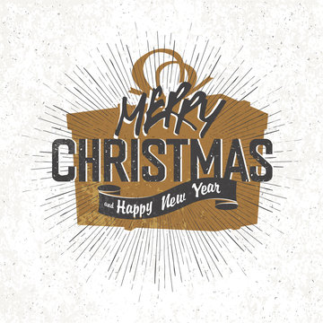 Merry Christmas Vintage Monochrome Lettering with Christmas gift