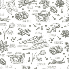Seamless pattern with spices on a white background