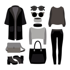 Set of  monochrome trendy women's clothes with coat, trousers, pullover and accessories. Women's wardrobe. Vector illustration