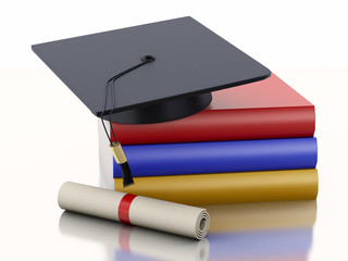 3d graduation cap, diploma and Books.