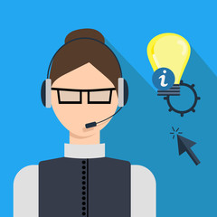 Technical support, woman, speaker and headphones in flat design