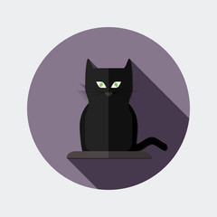 Flat design black cat icon with long shadow