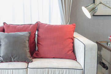 red and grey pillows on luxury sofa in living room